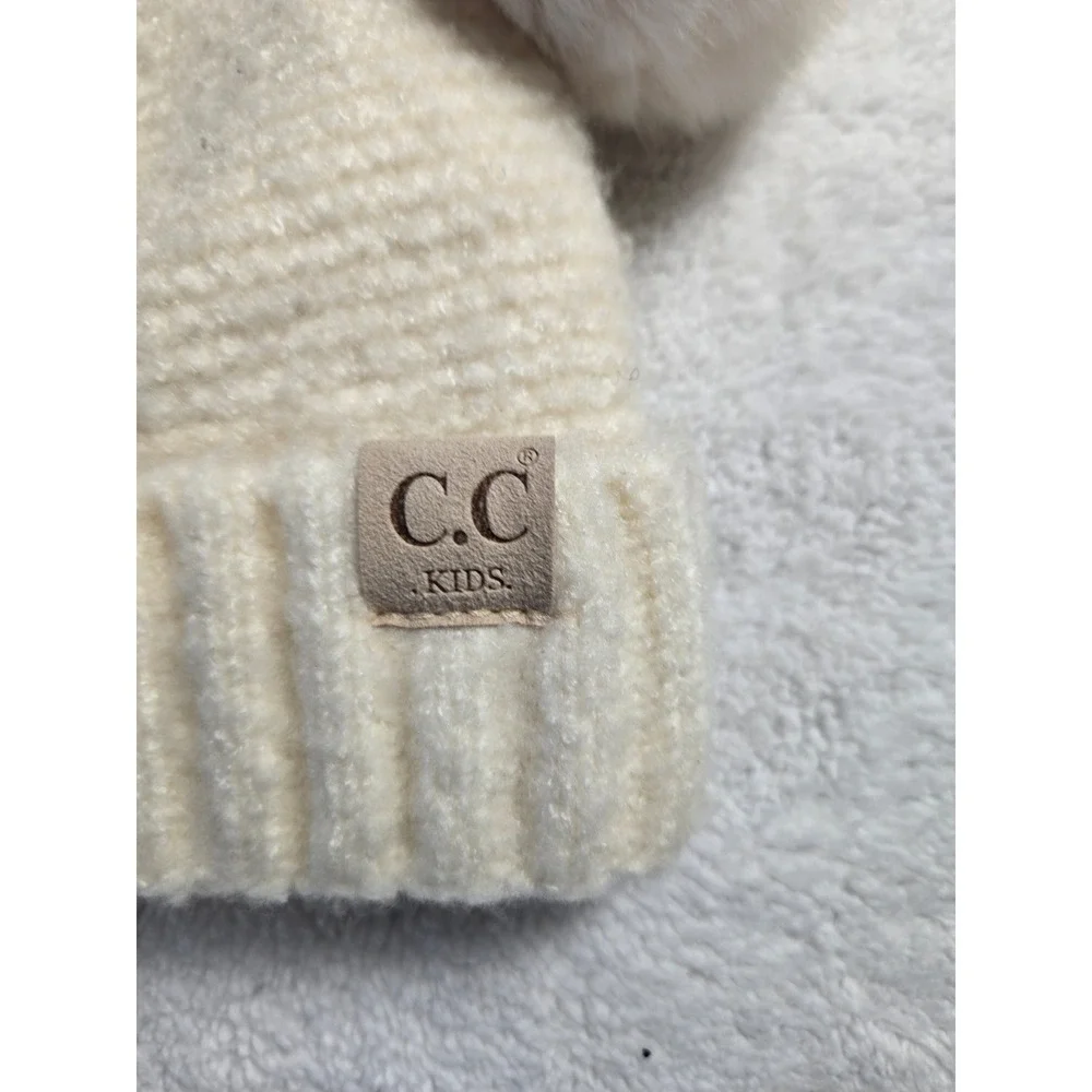 CC Kids Ivory Ribbed Knit Double Pom Beanie Hat Faux Fur Winter Warm RN